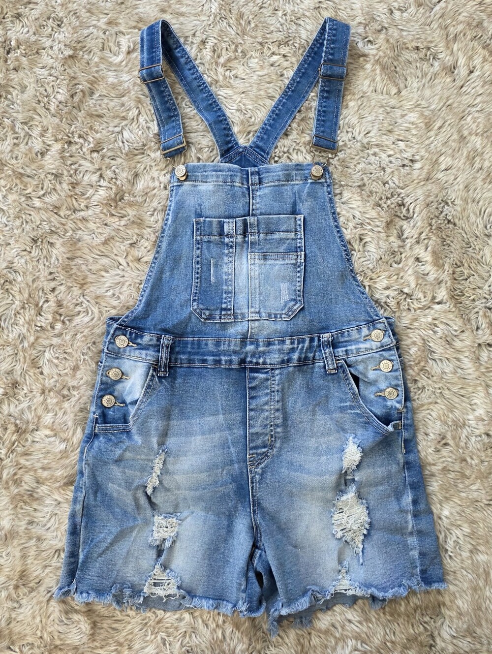 Elite Jeans Denim Short Overalls - Light Blue Raw Hem Women's Size Medium